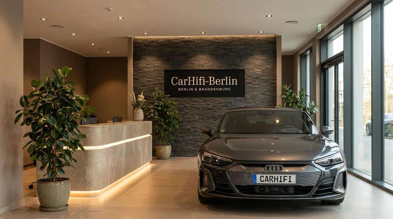 Unsere Werkstatt – Empfang mit CarHifi-Berlin Schild